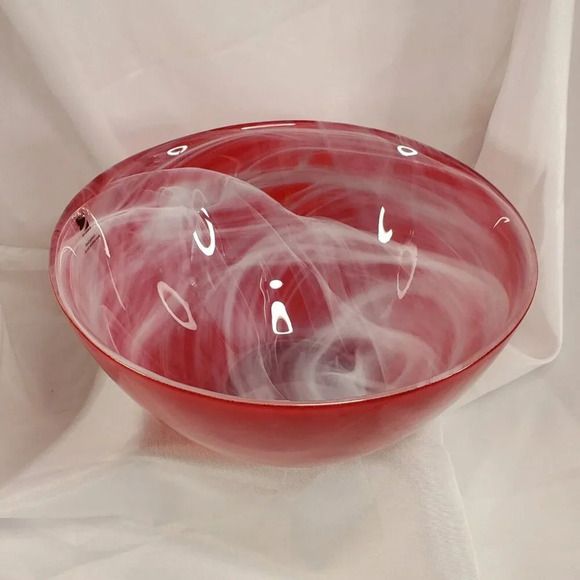 SEA Glasbruk Kosta Boda Sweden Art Glass Blown Bowl Red W/ White Smoke Painted - Picture 5 of 12